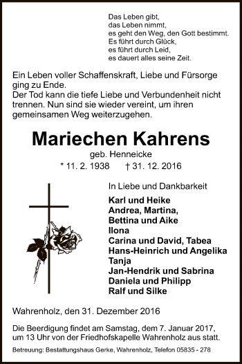 Todesanzeige von Mariechen Kahrens von Uelzen