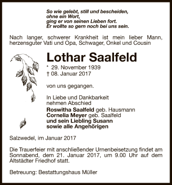Todesanzeige von Lothar Saalfeld von Uelzen