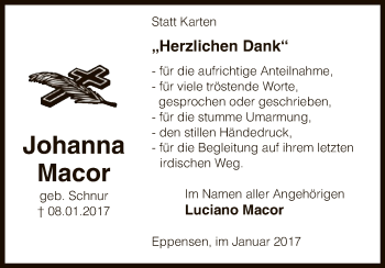 Todesanzeige von Johanna Macor von Uelzen