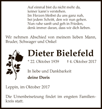 Todesanzeige von Dieter Bielefeld von Uelzen