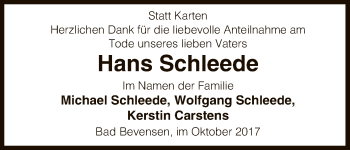 Todesanzeige von Hans Schleede von Uelzen