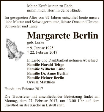 Todesanzeige von Margaret Berlin von Uelzen