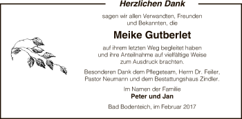 Todesanzeige von Meike Gutberlet von Uelzen