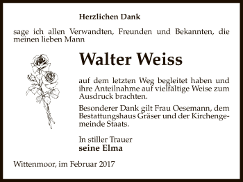 Todesanzeige von Walter Weiss von Uelzen