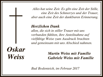 Todesanzeige von Oskar Weiss von Uelzen