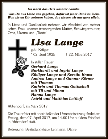Todesanzeige von Lisa Lange von Uelzen
