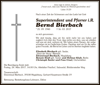 Todesanzeige von Bernd Bierbach von Uelzen