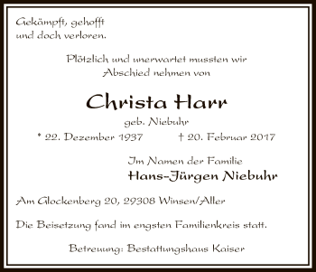 Todesanzeige von Christa Harr von Uelzen