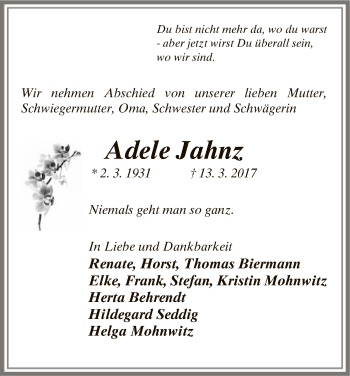 Todesanzeige von Adele Jahnz von Uelzen