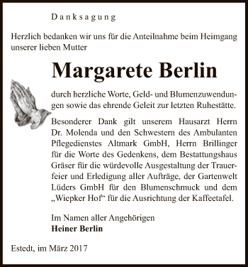 Todesanzeige von Margarete Berlin von Uelzen