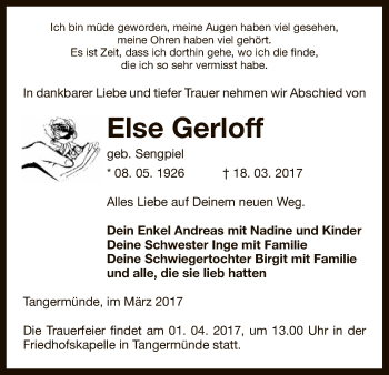 Todesanzeige von Else Gerloff von Uelzen