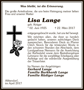 Todesanzeige von Lisa Lange von Uelzen
