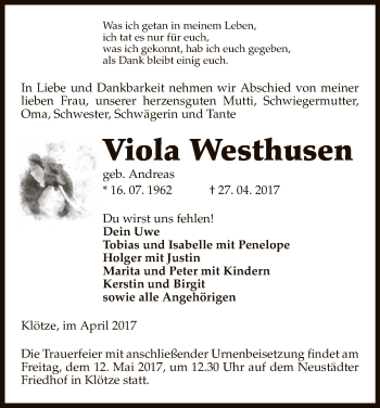 Todesanzeige von Viola Westhuren von Uelzen