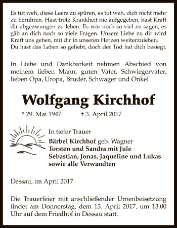 Todesanzeige von Wolfgang Kirchhof von Uelzen