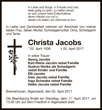 Todesanzeige von Christa Jacobs von Uelzen