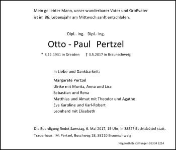 Todesanzeige von Otto-Paul Pertzel von Uelzen