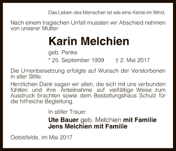 Todesanzeige von Karin Melchien von Uelzen