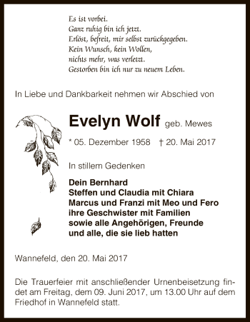 Todesanzeige von Evelyn Wolf von Uelzen