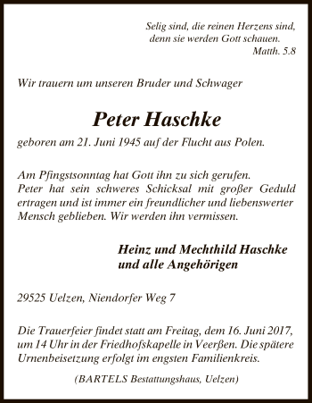Todesanzeige von Peter Haschke von Uelzen