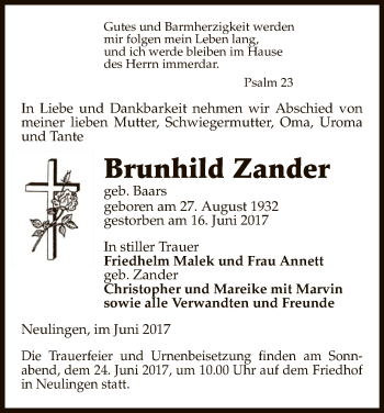 Todesanzeige von Brunhild Zander von Uelzen