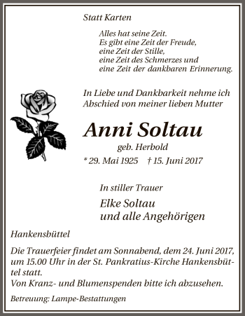 Todesanzeige von Anni Soltau von Uelzen