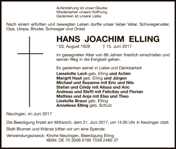 Todesanzeige von Hans Joachim Elling von Uelzen