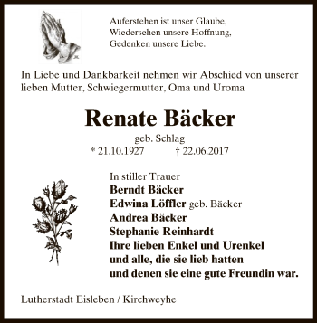 Todesanzeige von Renate Bäcker von Uelzen