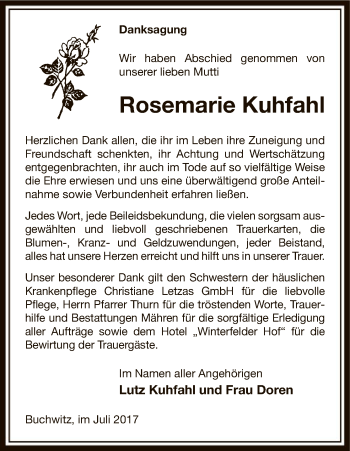Todesanzeige von Rosemarie Kuhfahl von Uelzen