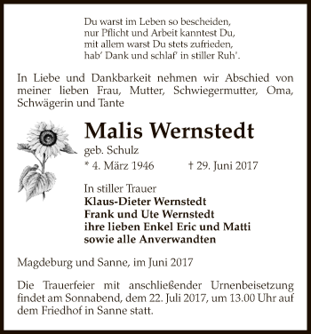 Todesanzeige von Malis Wernstedt von Uelzen