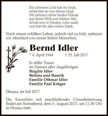 Todesanzeige von Bernd Idler von Uelzen