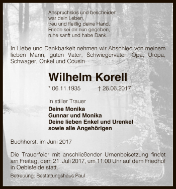 Todesanzeige von Wilhelm Korell von Uelzen