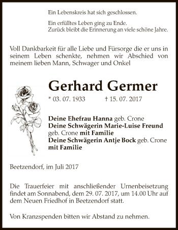 Todesanzeige von Gerhard Germer von Uelzen