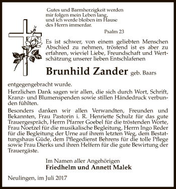 Todesanzeige von Brunhild Zander von Uelzen