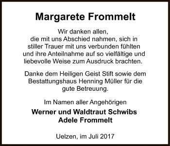 Todesanzeige von Margarete Frommelt von Uelzen