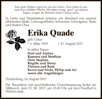 Todesanzeige von Erika Quade von Uelzen
