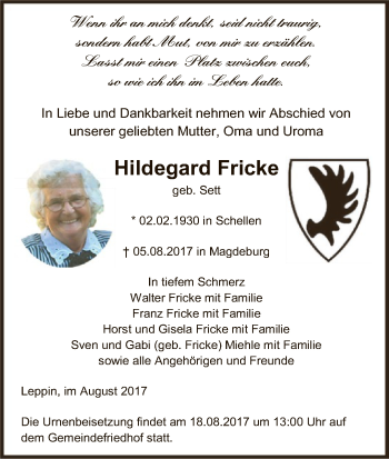 Todesanzeige von Hildegard Fricke von Uelzen