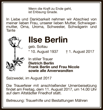 Todesanzeige von Ilse Berlin von Uelzen