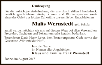 Todesanzeige von Malis Wernstedt von Uelzen