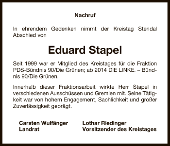Todesanzeige von Eduard Stapel von Uelzen