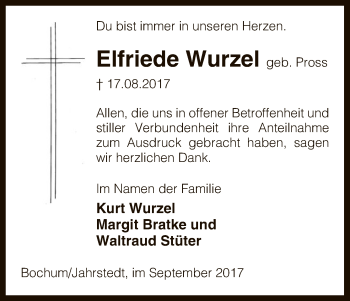 Todesanzeige von Elfriede Wurzel von Uelzen
