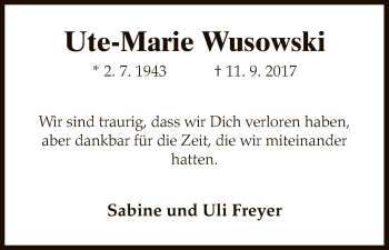 Todesanzeige von Ute-Marie Wusowski von Uelzen