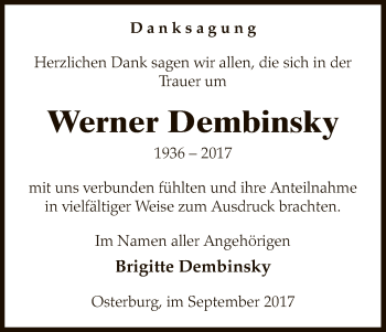 Todesanzeige von Werner Dembinsky von Uelzen