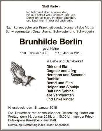 Todesanzeige von Brunhilde Berlin von Uelzen
