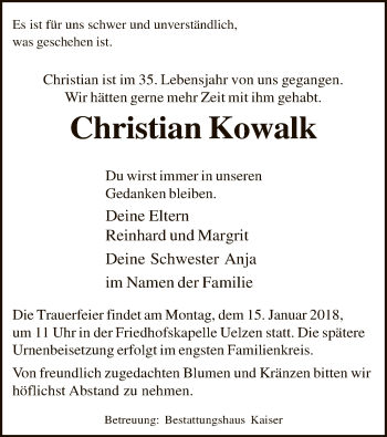 Todesanzeige von Christian Kowalk von Uelzen