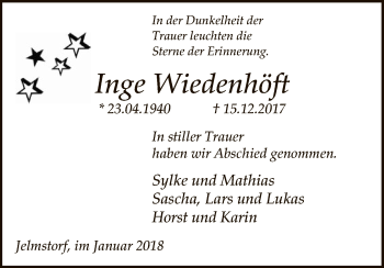 Todesanzeige von Inge Wiedenhöft von Uelzen