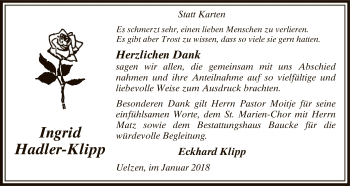 Todesanzeige von Ingrid Hadler-Klipp von Uelzen