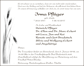 Todesanzeige von Irma Pflüger von Uelzen
