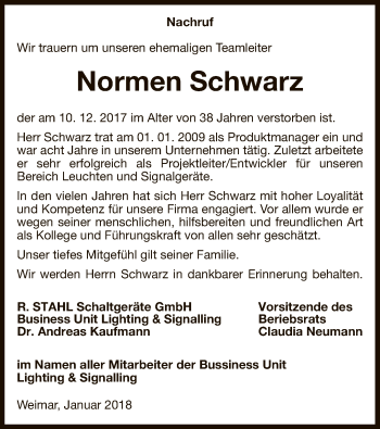 Todesanzeige von Normen Schwarz von Uelzen
