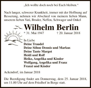 Todesanzeige von Wilhelm Berlin von Uelzen