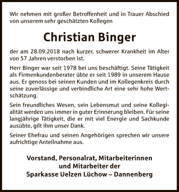 Todesanzeige von Christian Binger von Uelzen